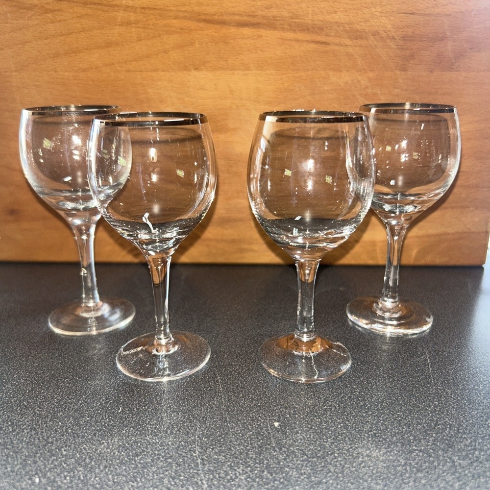 Vintage 3 oz Cordial Glasses Silver Rim Sasaki Glass Co Set of 4